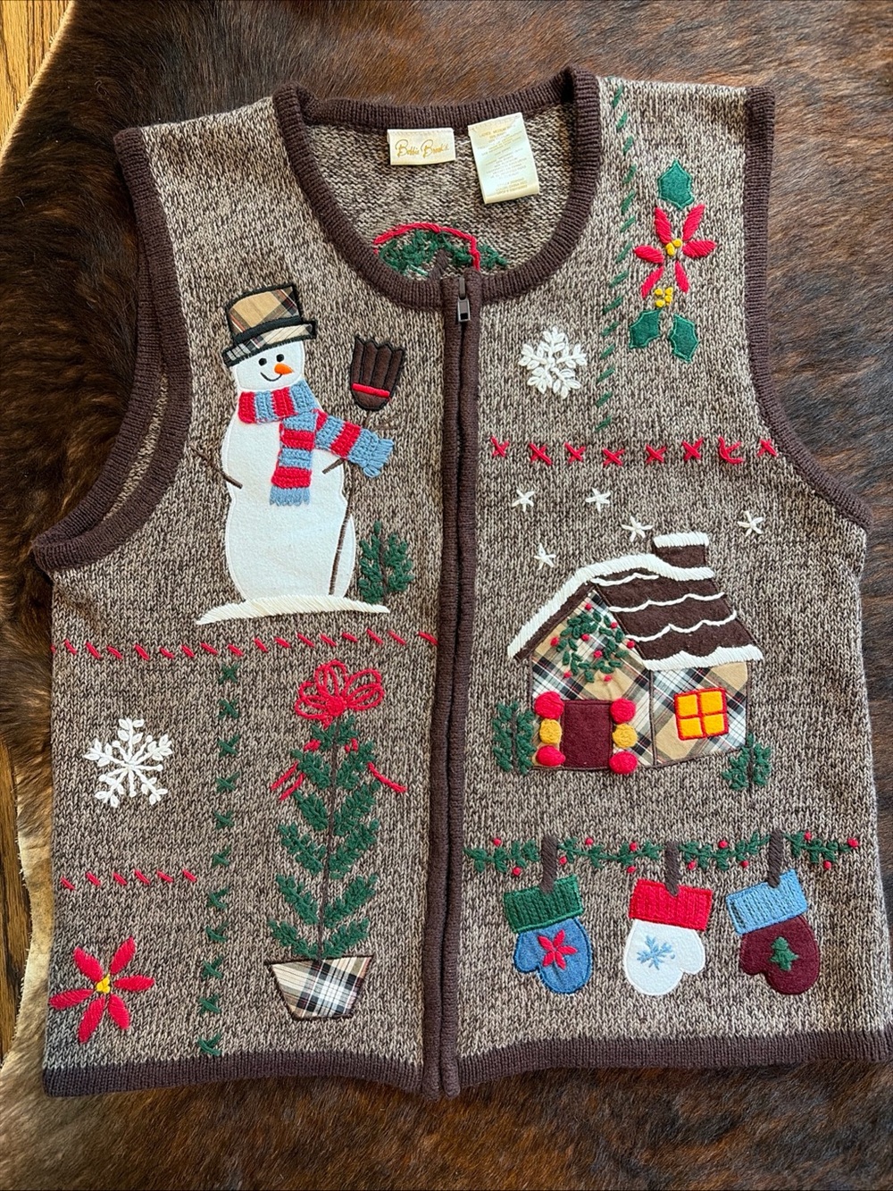 Vtg Bobbie Brooks Christmas Sweater Vest M Snowman Gingerbread Embroidered 90s